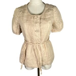Ann Taylor LOFT 2 Linen Blend Beige Button Front‎ Tie Waist Short Sleeve Blazer